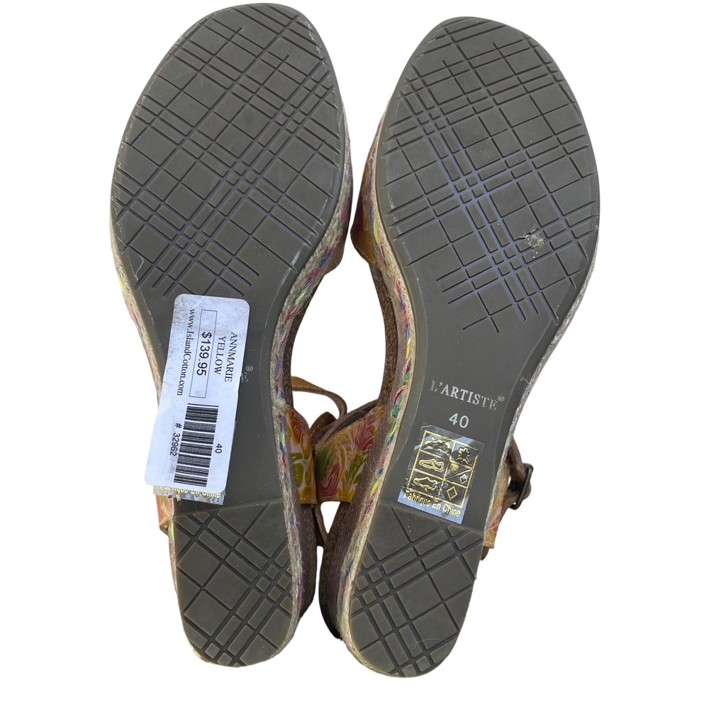 L'ATISTE Yellow Floral Leather Wedge Sandals with Pink Flower Accent - Picture 8 of 12